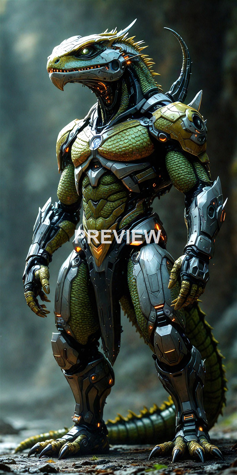 A highly detailed, futuristic humanoid robot with a lizard-like appearance, featuring metallic armor, glowing orange accents, and a textured green body, standing outdoors against a blurred natural background.